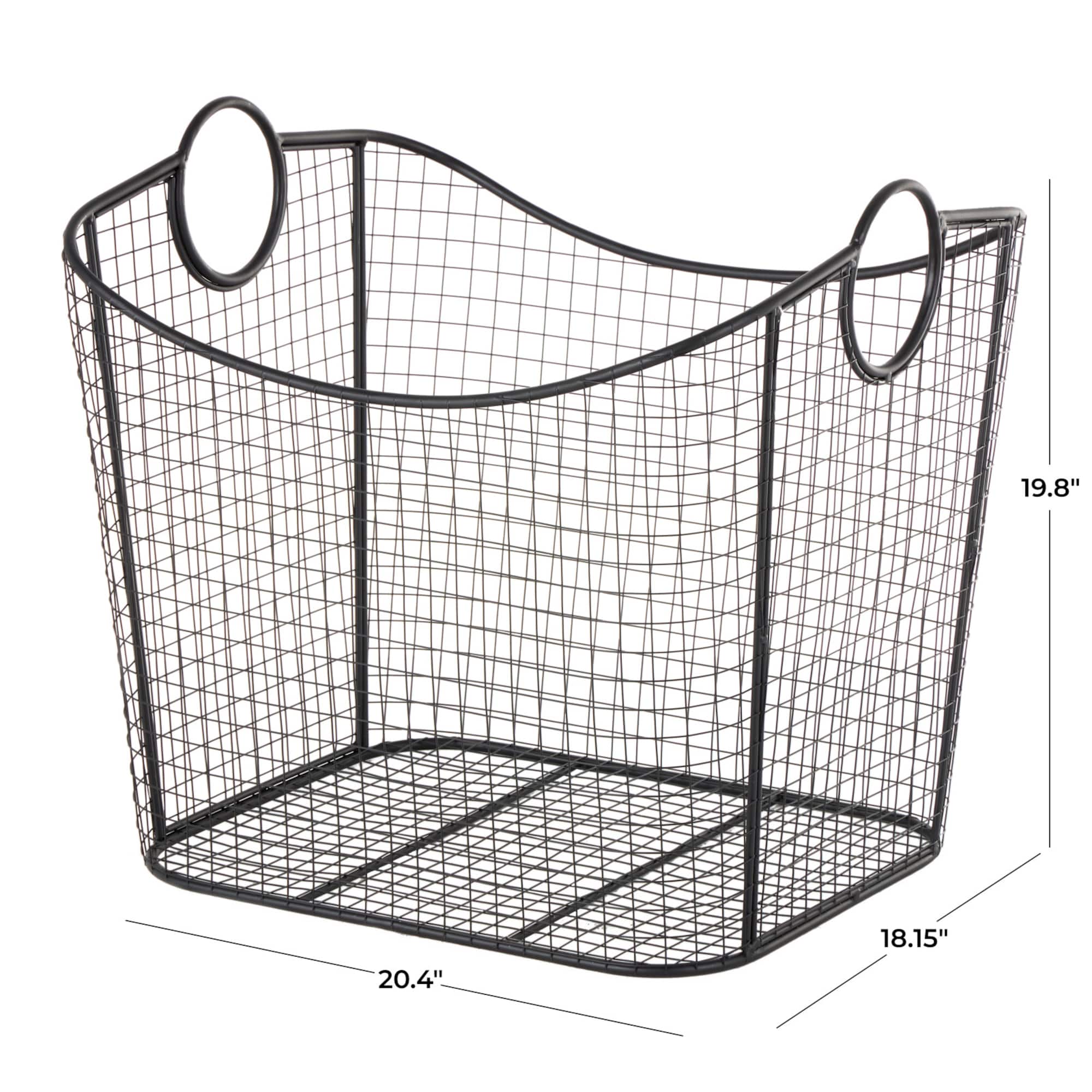20" Black Metal Storage Basket with Curved Sides & Ring Handles